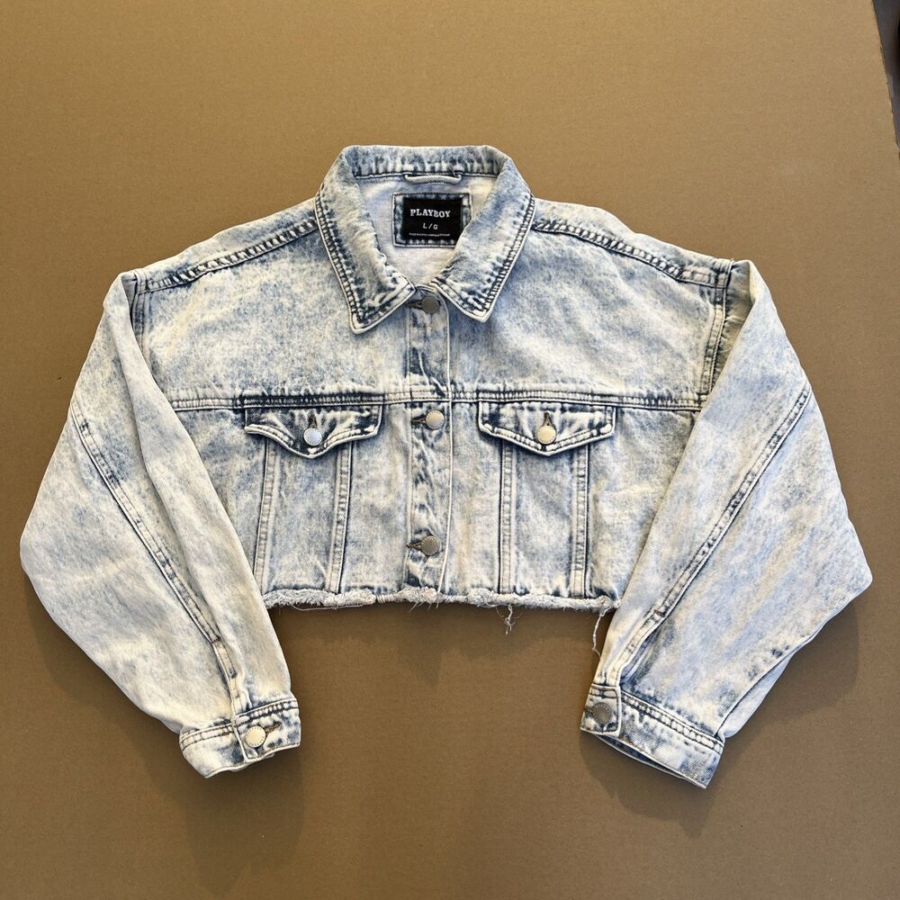 Playboy X Pacsun Cropped Jean Jacket Frayed Hem Acid Wash Women's Large - Picture 2 of 7